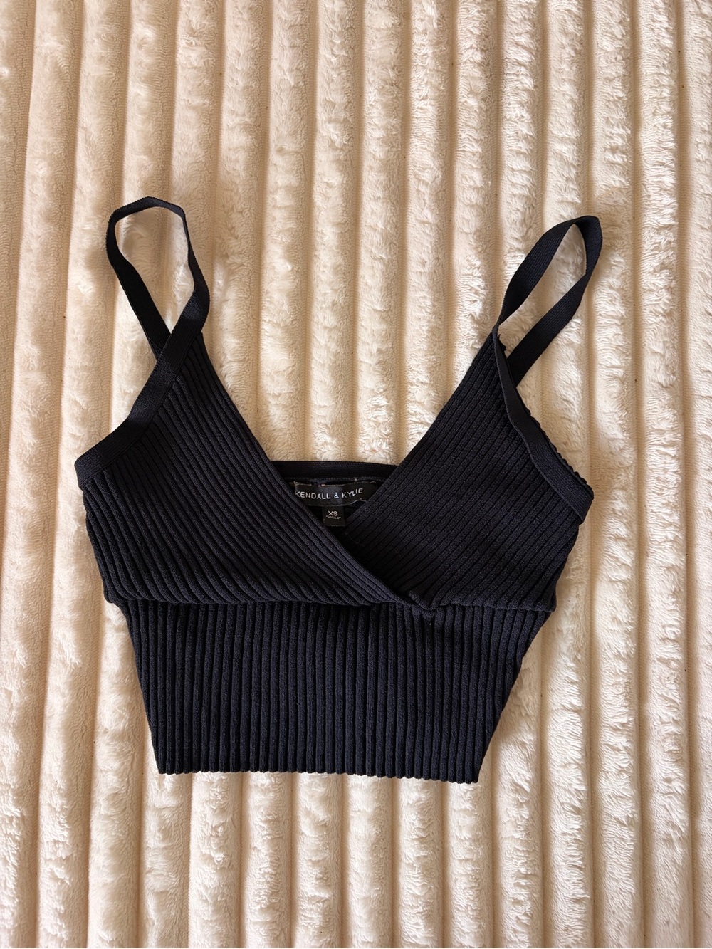 Kendall & Kylie Black Ribbed Wrap-Front Cropped Cami